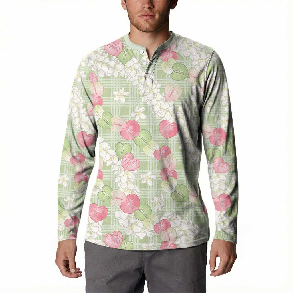 Anthurium Plumeria Lei Pastel Button Sweatshirt Green Hawaiian Splendid Palaka