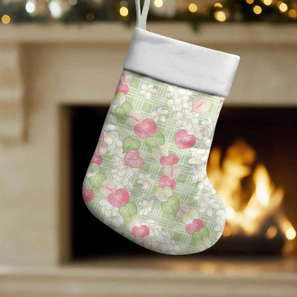 Anthurium Plumeria Lei Pastel Christmas Stocking Green Hawaiian Splendid Palaka LT01 Set of 2 Green - Polynesian Pride