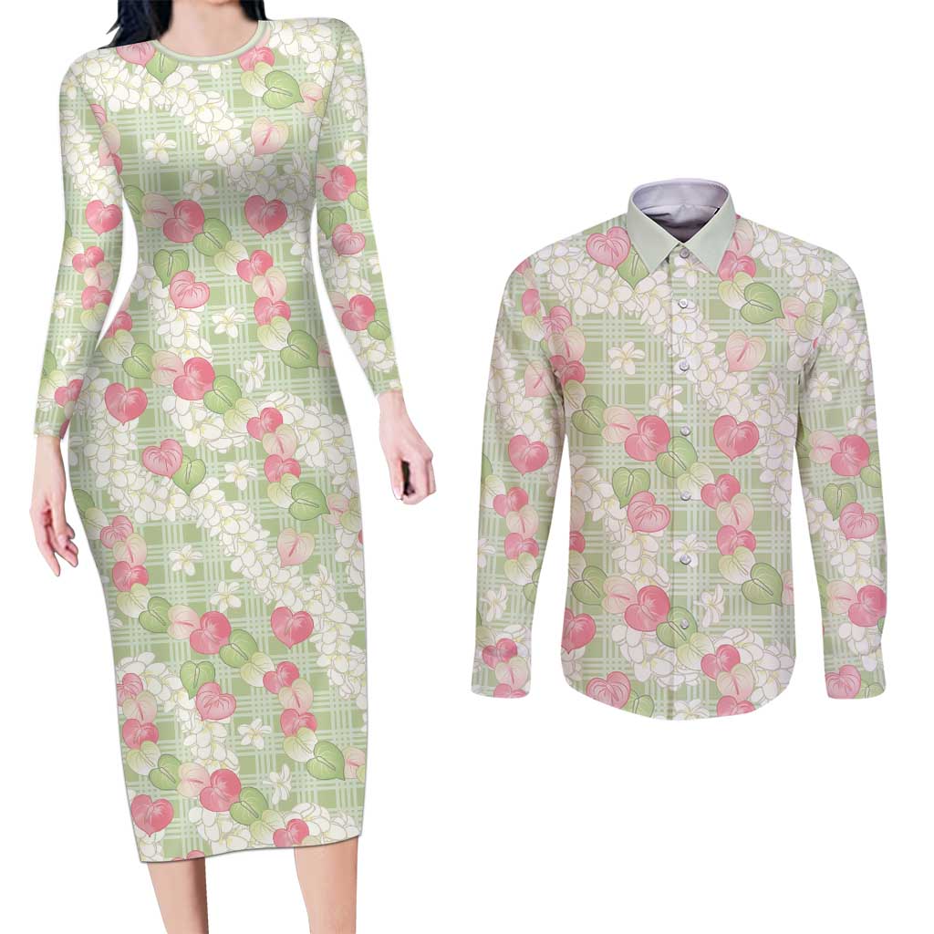 Anthurium Plumeria Lei Pastel Couples Matching Long Sleeve Bodycon Dress and Long Sleeve Button Shirt Green Hawaiian Splendid Palaka