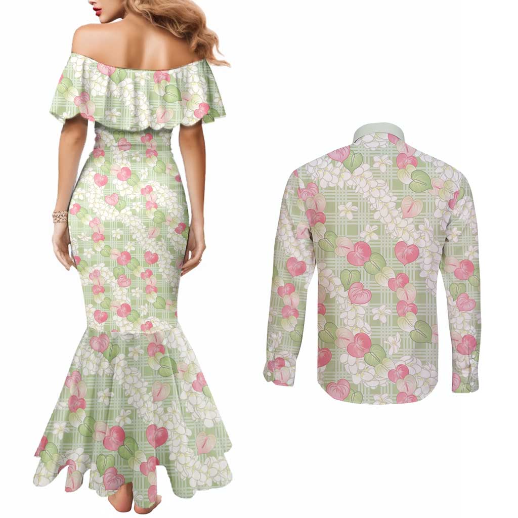 Anthurium Plumeria Lei Pastel Couples Matching Mermaid Dress and Long Sleeve Button Shirt Green Hawaiian Splendid Palaka