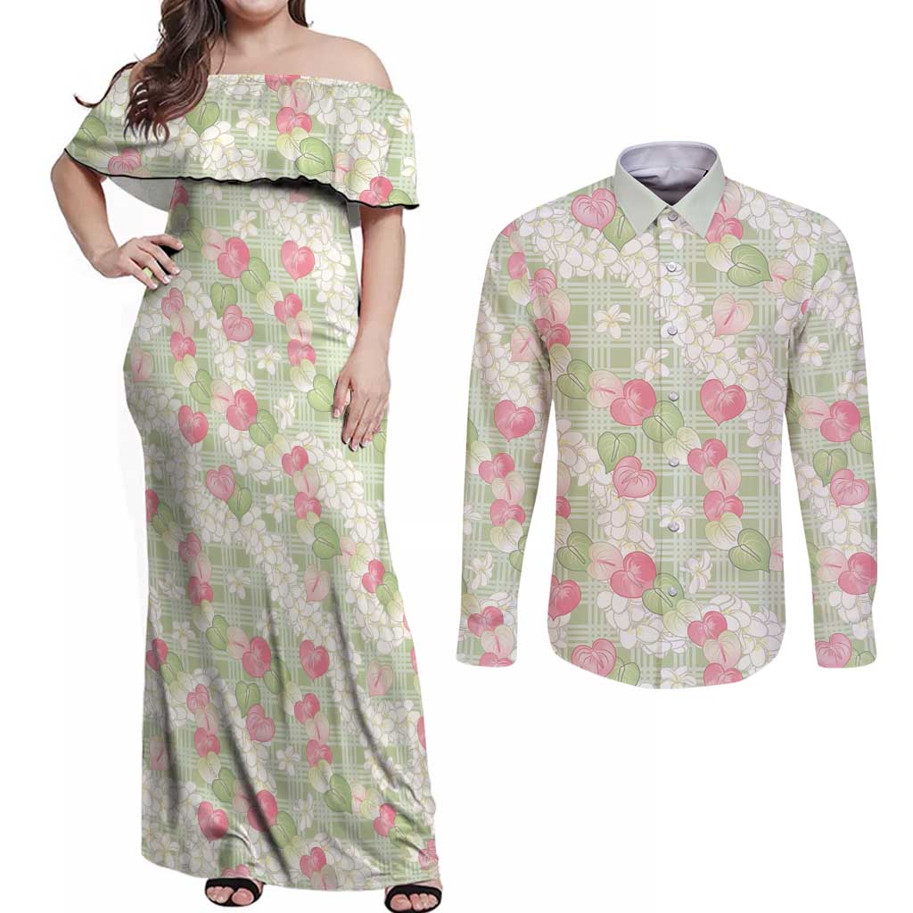 Anthurium Plumeria Lei Pastel Couples Matching Off Shoulder Maxi Dress and Long Sleeve Button Shirt Green Hawaiian Splendid Palaka