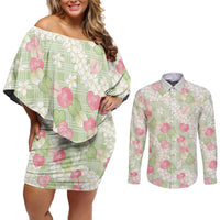 Anthurium Plumeria Lei Pastel Couples Matching Off Shoulder Short Dress and Long Sleeve Button Shirt Green Hawaiian Splendid Palaka