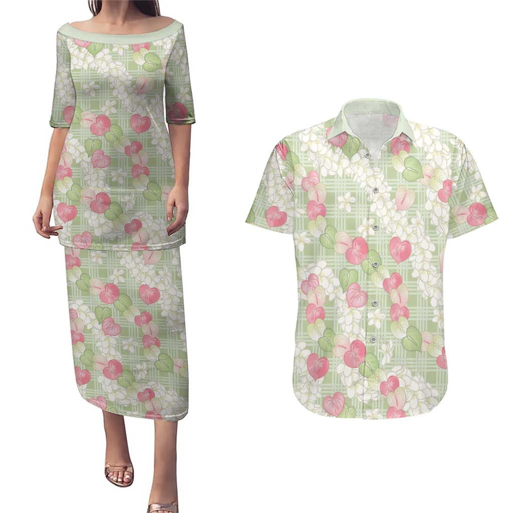 Anthurium Plumeria Lei Pastel Couples Matching Puletasi and Hawaiian Shirt Green Hawaiian Splendid Palaka