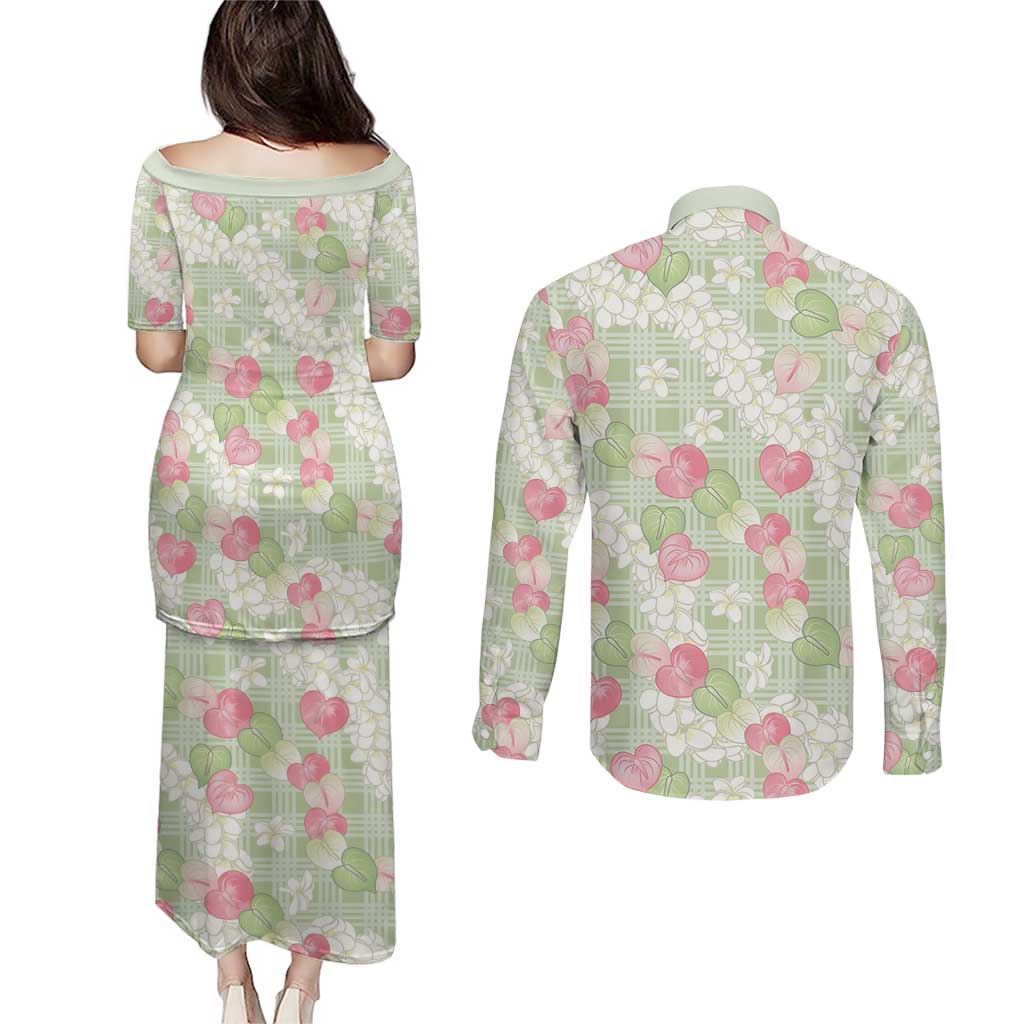 Anthurium Plumeria Lei Pastel Couples Matching Puletasi and Long Sleeve Button Shirt Green Hawaiian Splendid Palaka