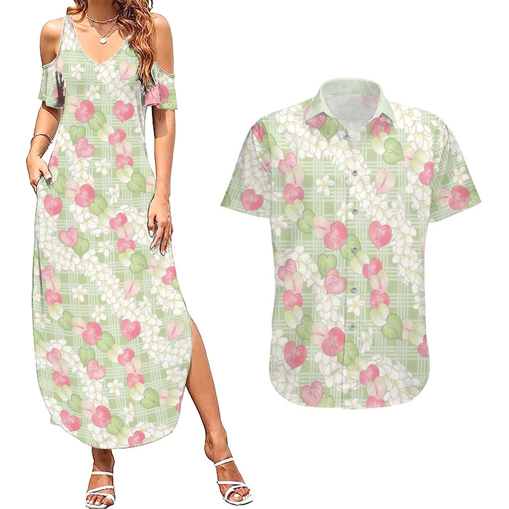 Anthurium Plumeria Lei Pastel Couples Matching Summer Maxi Dress and Hawaiian Shirt Green Hawaiian Splendid Palaka