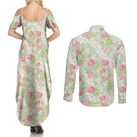 Anthurium Plumeria Lei Pastel Couples Matching Summer Maxi Dress and Long Sleeve Button Shirt Green Hawaiian Splendid Palaka