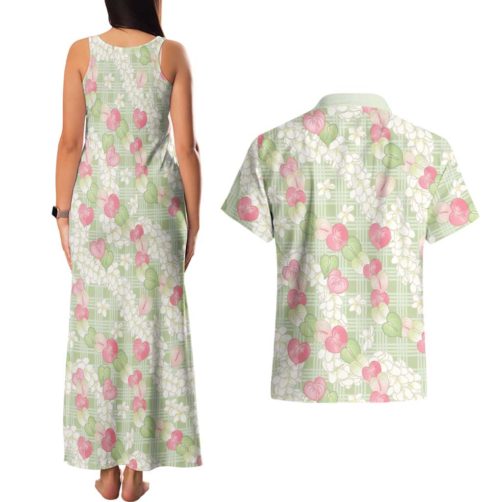 Anthurium Plumeria Lei Pastel Couples Matching Tank Maxi Dress and Hawaiian Shirt Green Hawaiian Splendid Palaka LT01 - Polynesian Pride