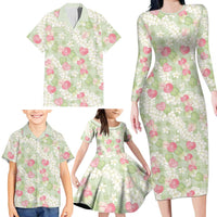Anthurium Plumeria Lei Pastel Family Matching Long Sleeve Bodycon Dress and Hawaiian Shirt Green Hawaiian Splendid Palaka LT01 - Polynesian Pride