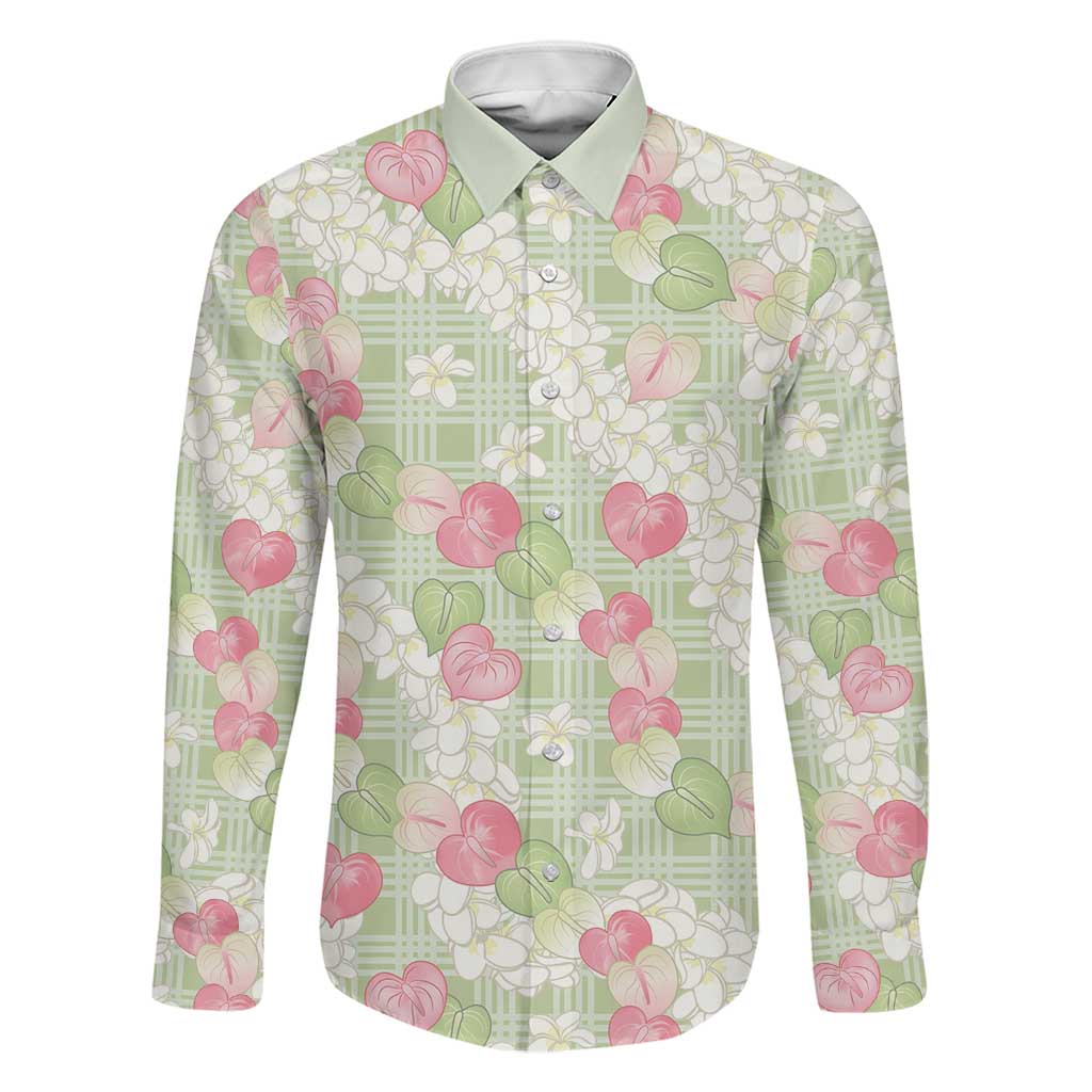 Anthurium Plumeria Lei Pastel Family Matching Mermaid Dress and Hawaiian Shirt Green Hawaiian Splendid Palaka LT01 Dad's Shirt - Long Sleeve Green - Polynesian Pride