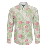 Anthurium Plumeria Lei Pastel Family Matching Off Shoulder Maxi Dress and Hawaiian Shirt Green Hawaiian Splendid Palaka LT01 Dad's Shirt - Long Sleeve Green - Polynesian Pride