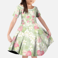 Anthurium Plumeria Lei Pastel Family Matching Off Shoulder Short Dress and Hawaiian Shirt Green Hawaiian Splendid Palaka LT01 Daughter's Dress Green - Polynesian Pride