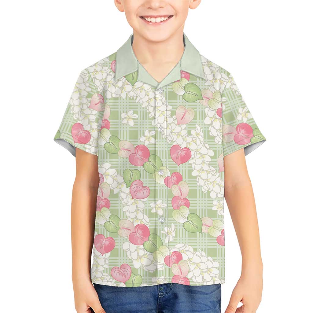 Anthurium Plumeria Lei Pastel Family Matching Off Shoulder Short Dress and Hawaiian Shirt Green Hawaiian Splendid Palaka LT01 Son's Shirt Green - Polynesian Pride