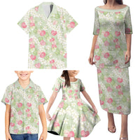 Anthurium Plumeria Lei Pastel Family Matching Puletasi and Hawaiian Shirt Green Hawaiian Splendid Palaka LT01 - Polynesian Pride