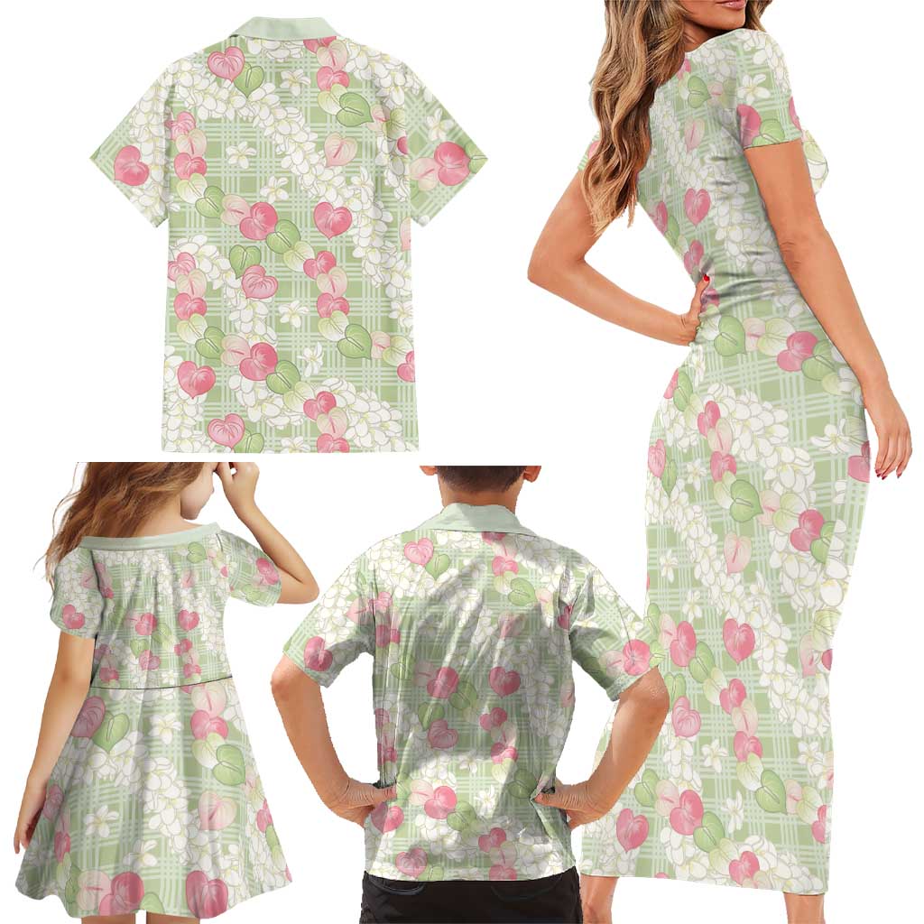 Anthurium Plumeria Lei Pastel Family Matching Short Sleeve Bodycon Dress and Hawaiian Shirt Green Hawaiian Splendid Palaka LT01 - Polynesian Pride