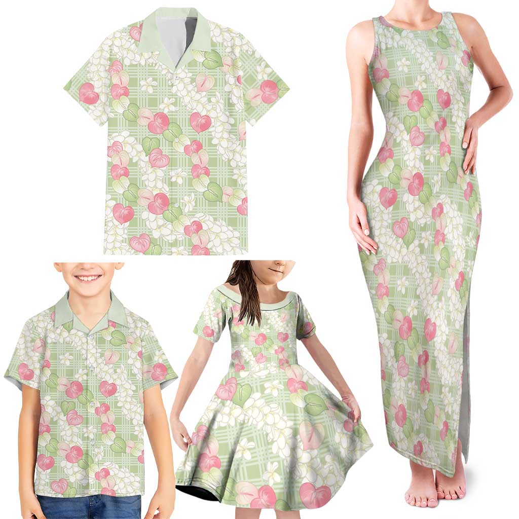 Anthurium Plumeria Lei Pastel Family Matching Tank Maxi Dress and Hawaiian Shirt Green Hawaiian Splendid Palaka LT01 - Polynesian Pride