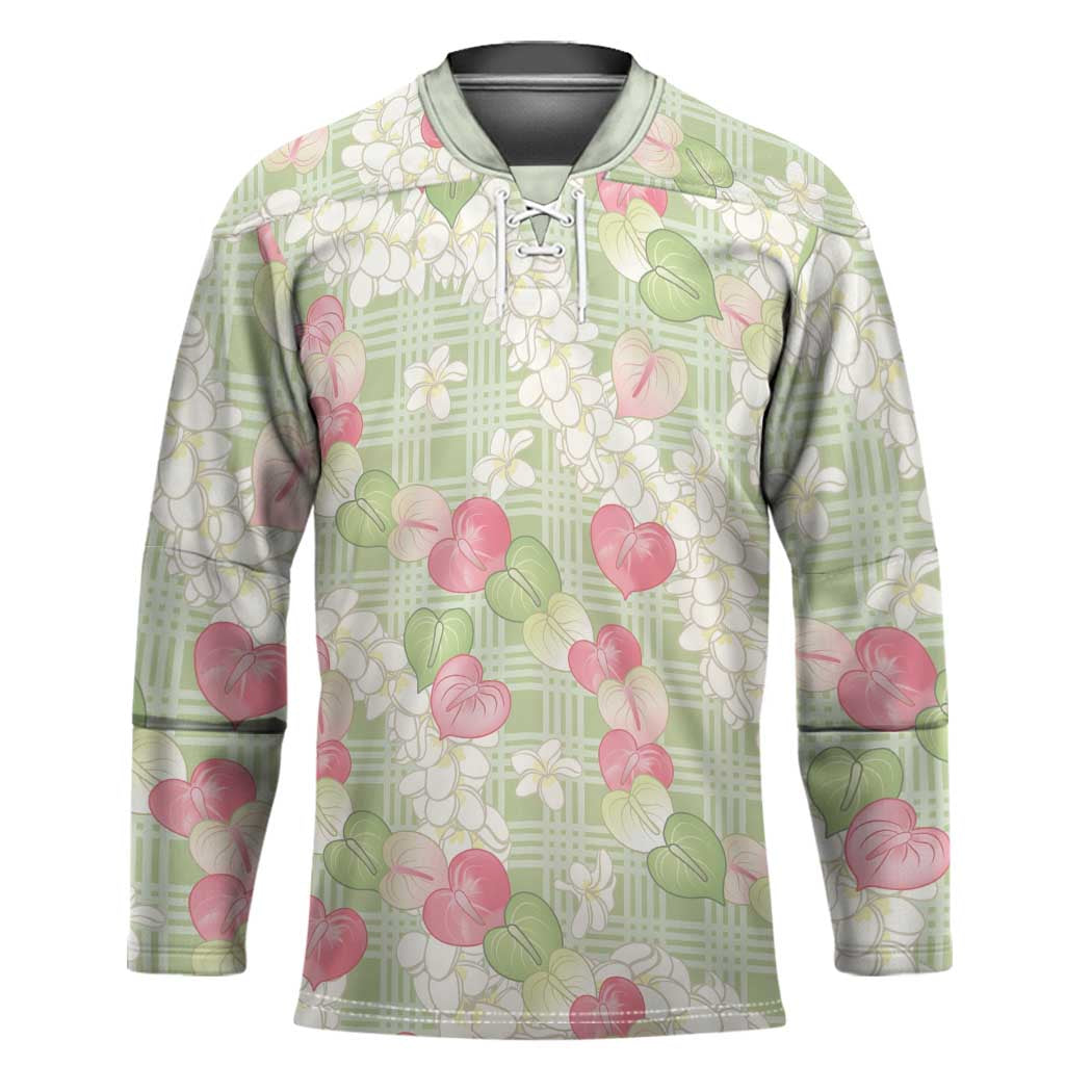 Anthurium Plumeria Lei Pastel Hockey Jersey Green Hawaiian Splendid Palaka