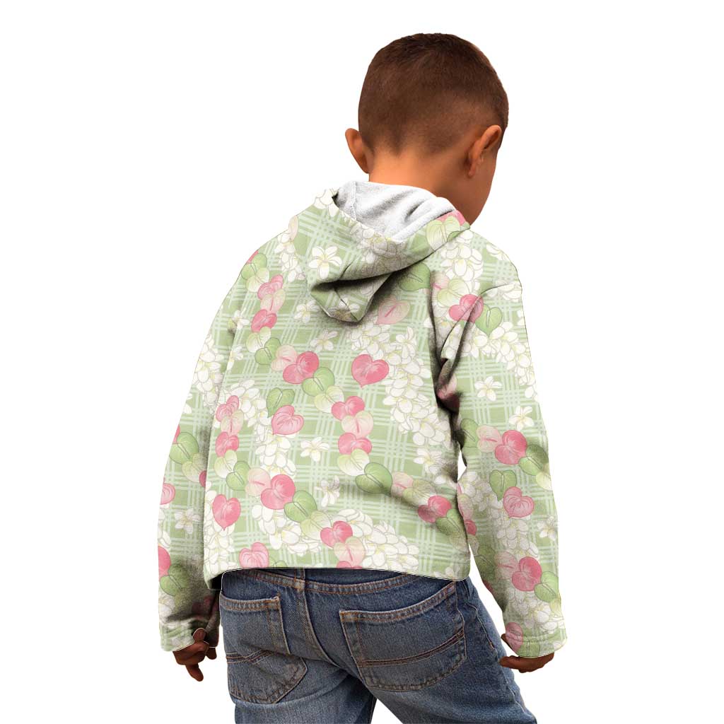Anthurium Plumeria Lei Pastel Kid Hoodie Green Hawaiian Splendid Palaka