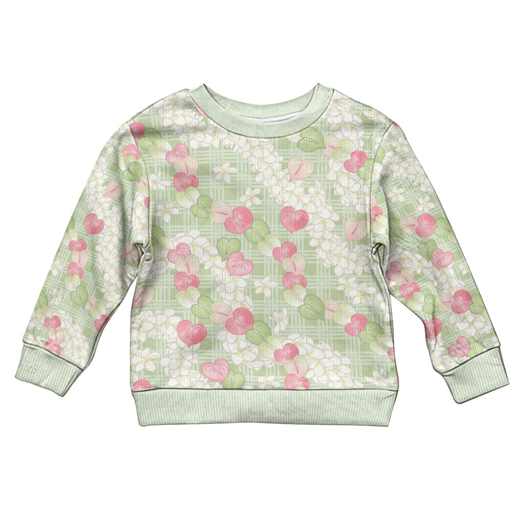 Anthurium Plumeria Lei Pastel Kid Ugly Christmas Sweater Green Hawaiian Splendid Palaka LT01 Kid Green - Polynesian Pride