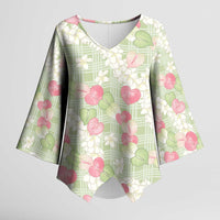 Anthurium Plumeria Lei Pastel Kimono Sleeve Blouse Green Hawaiian Splendid Palaka