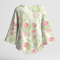 Anthurium Plumeria Lei Pastel Kimono Sleeve Blouse Green Hawaiian Splendid Palaka