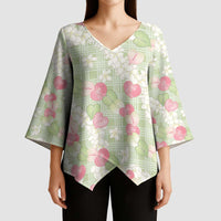Anthurium Plumeria Lei Pastel Kimono Sleeve Blouse Green Hawaiian Splendid Palaka