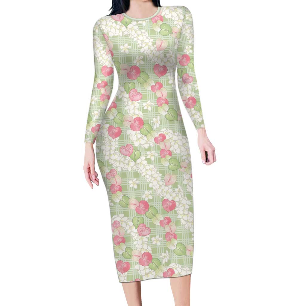 Anthurium Plumeria Lei Pastel Long Sleeve Bodycon Dress Green Hawaiian Splendid Palaka