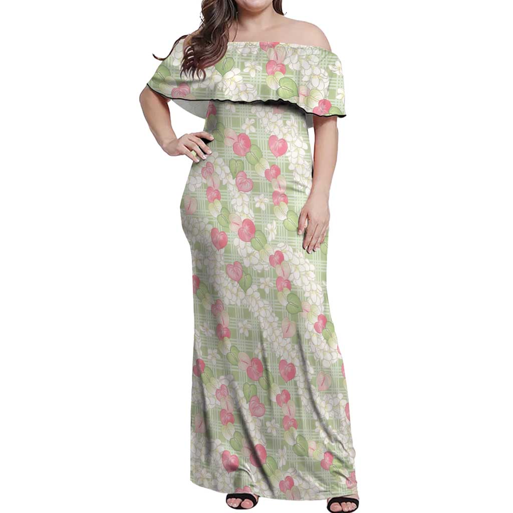 Anthurium Plumeria Lei Pastel Off Shoulder Maxi Dress Green Hawaiian Splendid Palaka