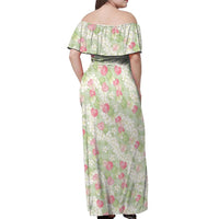 Anthurium Plumeria Lei Pastel Off Shoulder Maxi Dress Green Hawaiian Splendid Palaka