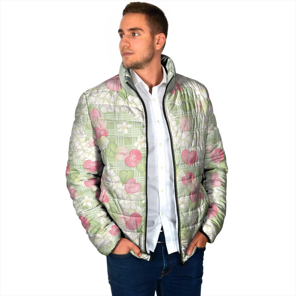 Anthurium Plumeria Lei Pastel Padded Jacket Green Hawaiian Splendid Palaka