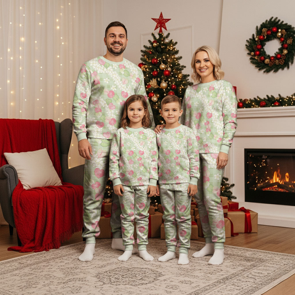 Anthurium Plumeria Lei Pastel Christmas Pajama Set Green Hawaiian Splendid Palaka LT01 - Polynesian Pride