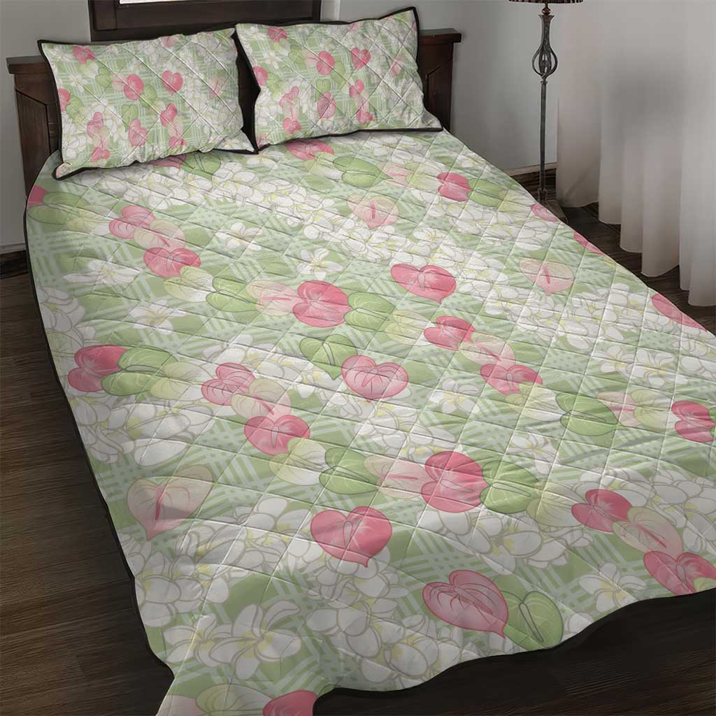 Anthurium Plumeria Lei Pastel Quilt Bed Set Green Hawaiian Splendid Palaka