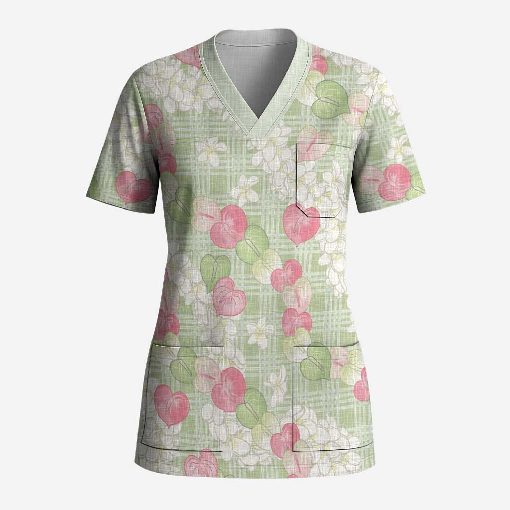 Anthurium Plumeria Lei Pastel Scrub Top Green Hawaiian Splendid Palaka
