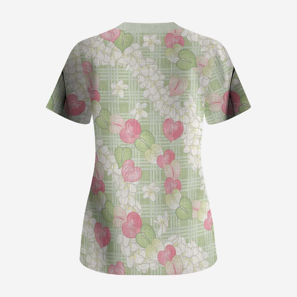 Anthurium Plumeria Lei Pastel Scrub Top Green Hawaiian Splendid Palaka
