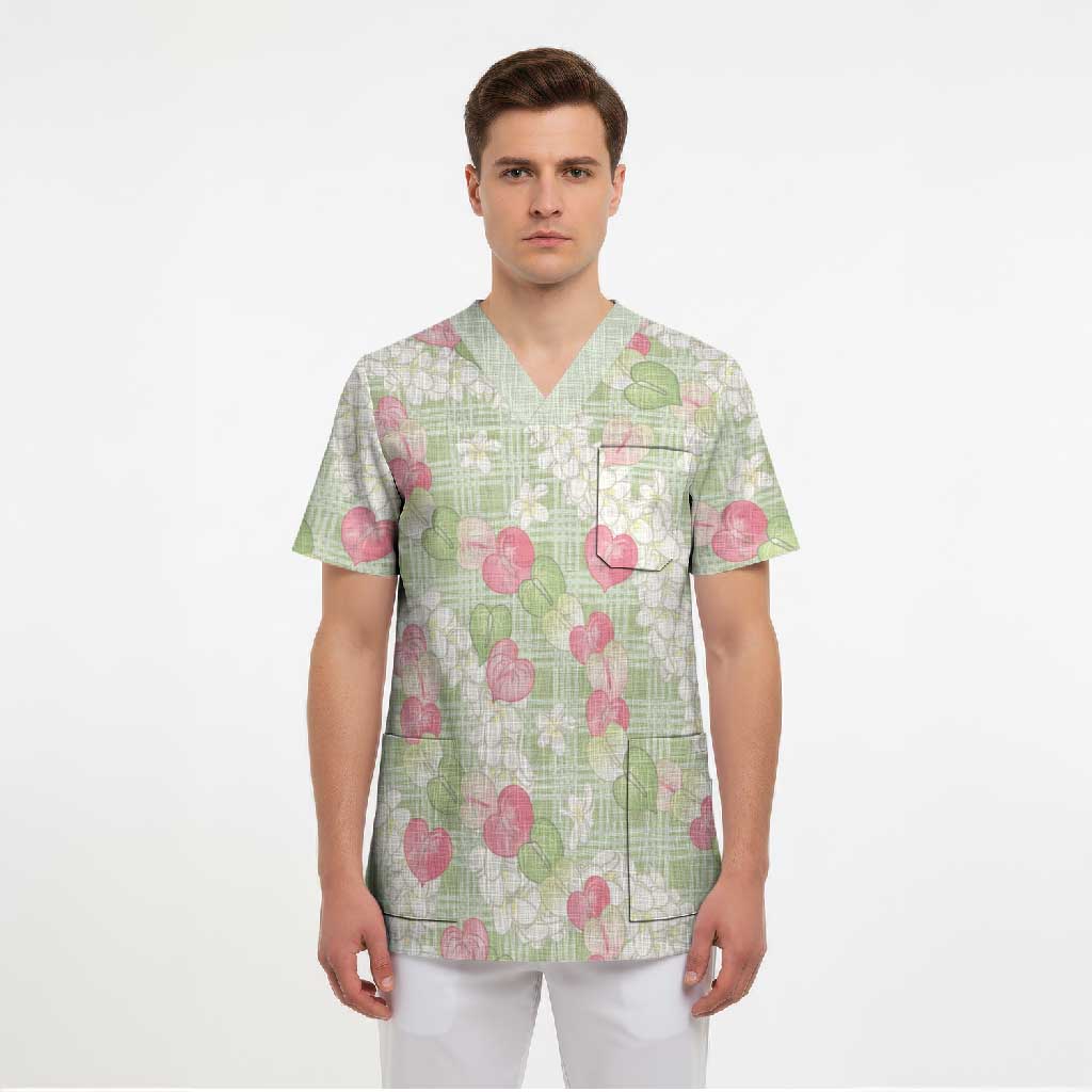 Anthurium Plumeria Lei Pastel Scrub Top Green Hawaiian Splendid Palaka