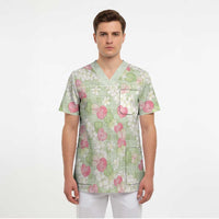 Anthurium Plumeria Lei Pastel Scrub Top Green Hawaiian Splendid Palaka