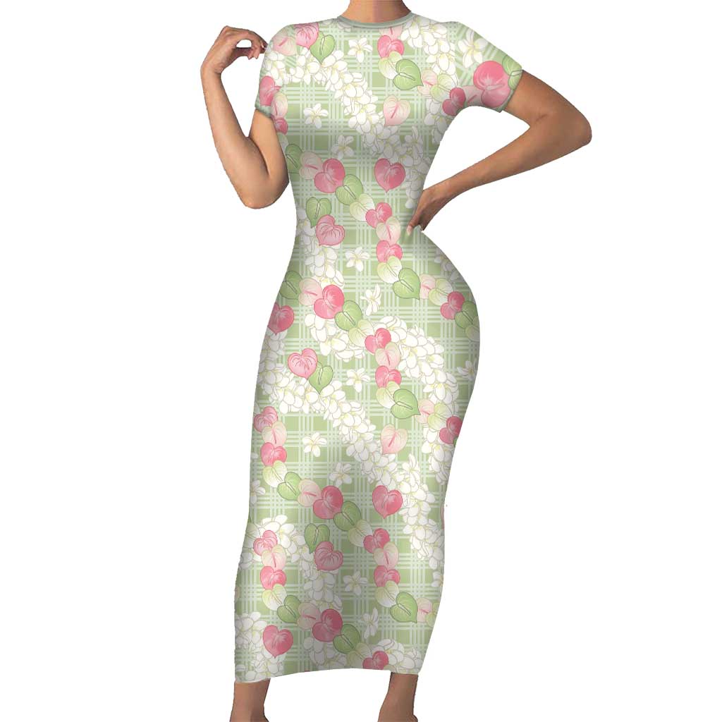 Anthurium Plumeria Lei Pastel Short Sleeve Bodycon Dress Green Hawaiian Splendid Palaka