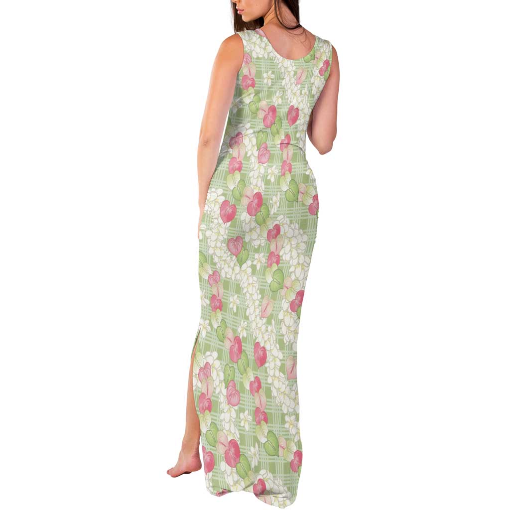 Anthurium Plumeria Lei Pastel Tank Maxi Dress Green Hawaiian Splendid Palaka