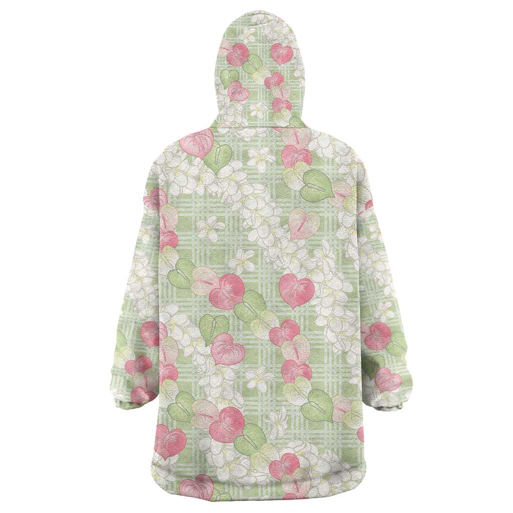 Anthurium Plumeria Lei Pastel Wearable Blanket Hoodie Green Hawaiian Splendid Palaka