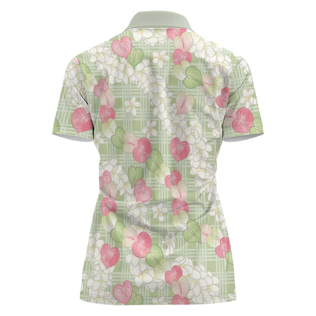 Anthurium Plumeria Lei Pastel Women Polo Shirt Green Hawaiian Splendid Palaka