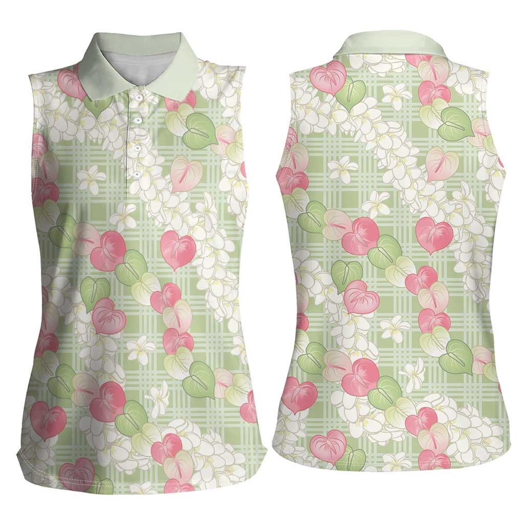 Anthurium Plumeria Lei Pastel Women Sleeveless Polo Shirt Green Hawaiian Splendid Palaka
