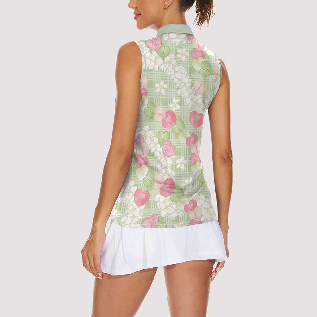 Anthurium Plumeria Lei Pastel Women Sleeveless Polo Shirt Green Hawaiian Splendid Palaka