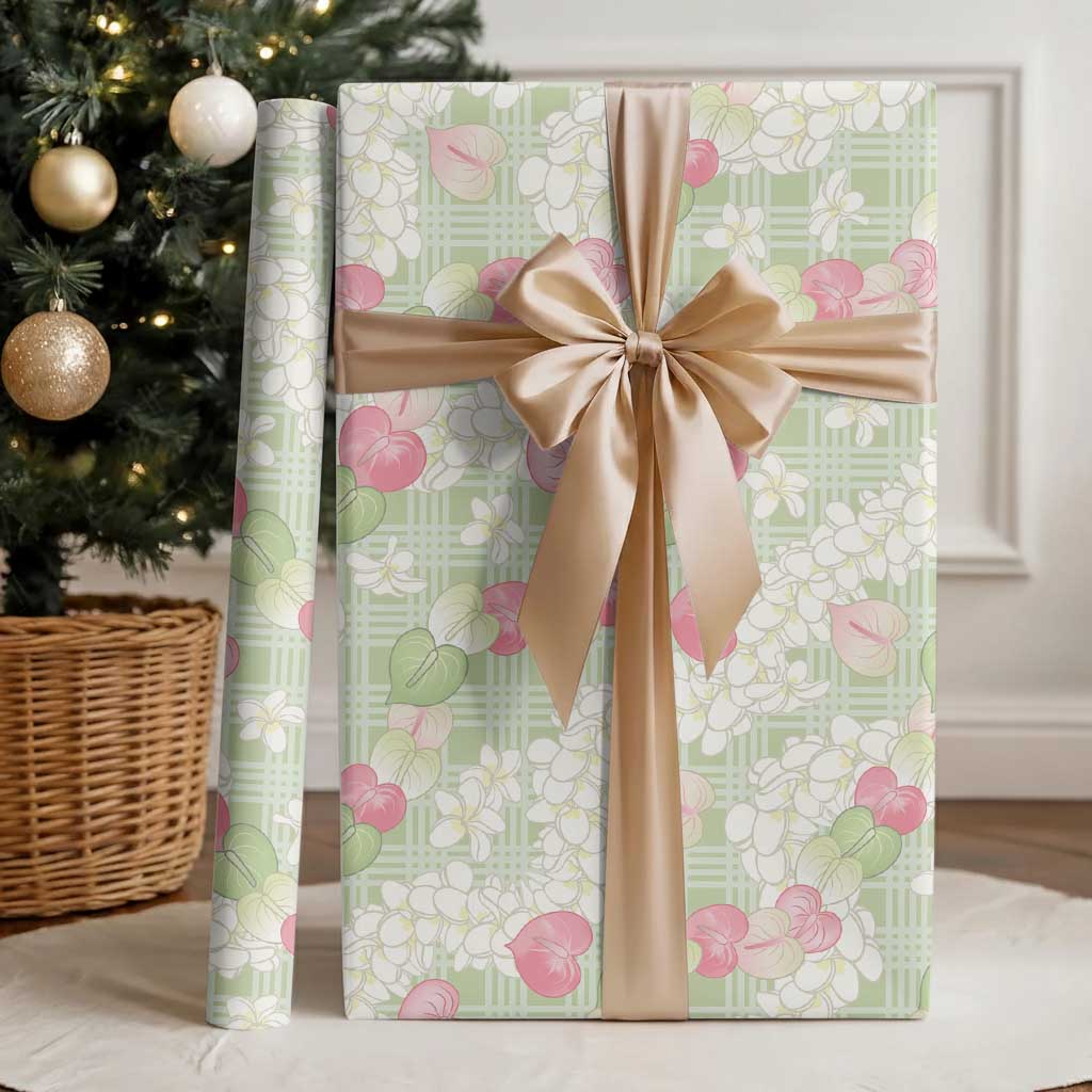 Anthurium Plumeria Lei Pastel Wrapping Paper Green Hawaiian Splendid Palaka