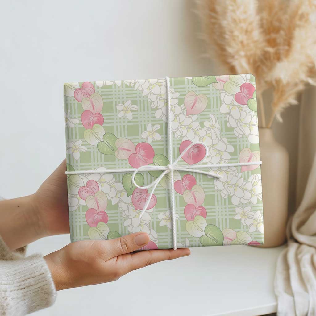 Anthurium Plumeria Lei Pastel Wrapping Paper Green Hawaiian Splendid Palaka