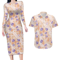 Anthurium Plumeria Lei Pastel Couples Matching Long Sleeve Bodycon Dress and Hawaiian Shirt Orange Hawaiian Splendid Palaka LT01 Orange - Polynesian Pride
