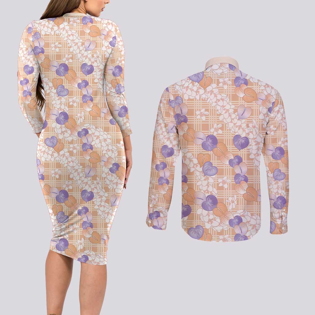 Anthurium Plumeria Lei Pastel Couples Matching Long Sleeve Bodycon Dress and Long Sleeve Button Shirt Orange Hawaiian Splendid Palaka