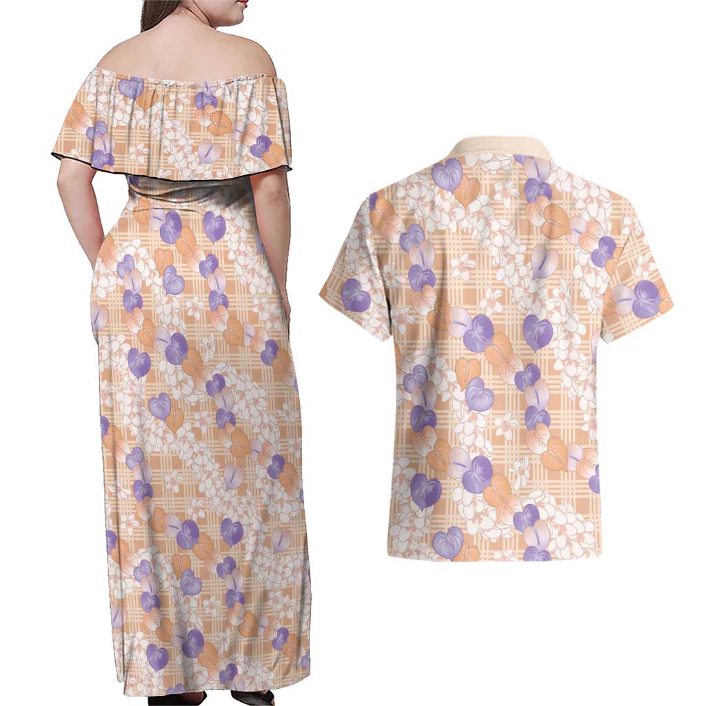 Anthurium Plumeria Lei Pastel Couples Matching Off Shoulder Maxi Dress and Hawaiian Shirt Orange Hawaiian Splendid Palaka