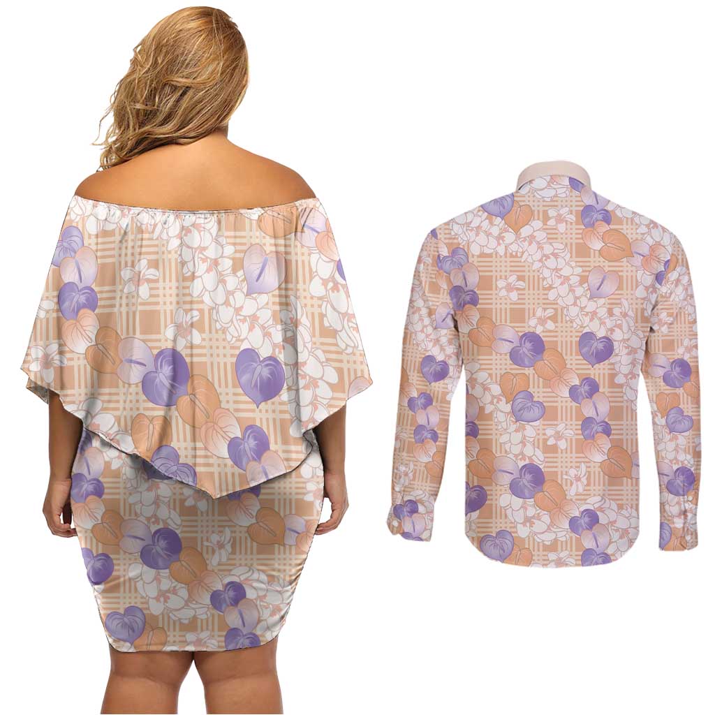 Anthurium Plumeria Lei Pastel Couples Matching Off Shoulder Short Dress and Long Sleeve Button Shirt Orange Hawaiian Splendid Palaka
