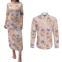 Anthurium Plumeria Lei Pastel Couples Matching Puletasi and Long Sleeve Button Shirt Orange Hawaiian Splendid Palaka
