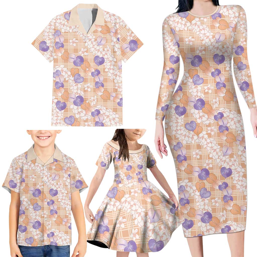 Anthurium Plumeria Lei Pastel Family Matching Long Sleeve Bodycon Dress and Hawaiian Shirt Orange Hawaiian Splendid Palaka LT01 - Polynesian Pride