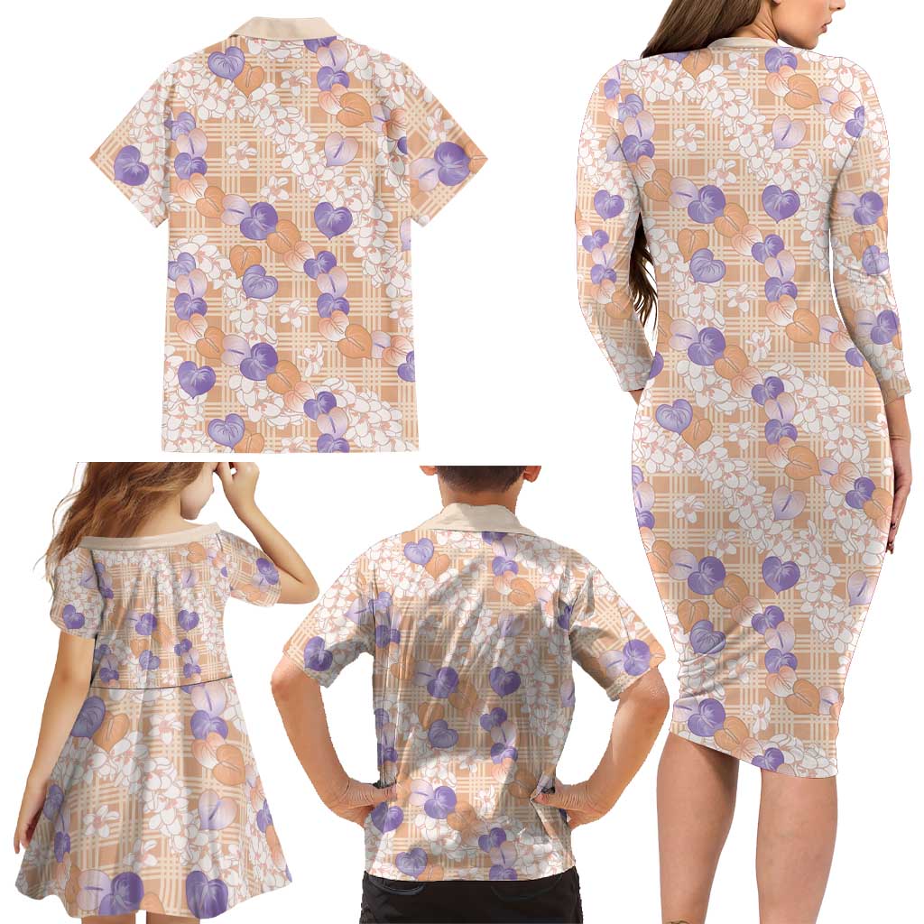 Anthurium Plumeria Lei Pastel Family Matching Long Sleeve Bodycon Dress and Hawaiian Shirt Orange Hawaiian Splendid Palaka LT01 - Polynesian Pride